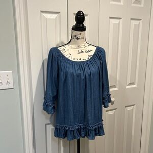 Hester & Orchard Blue Pom Ruffle Hem Top